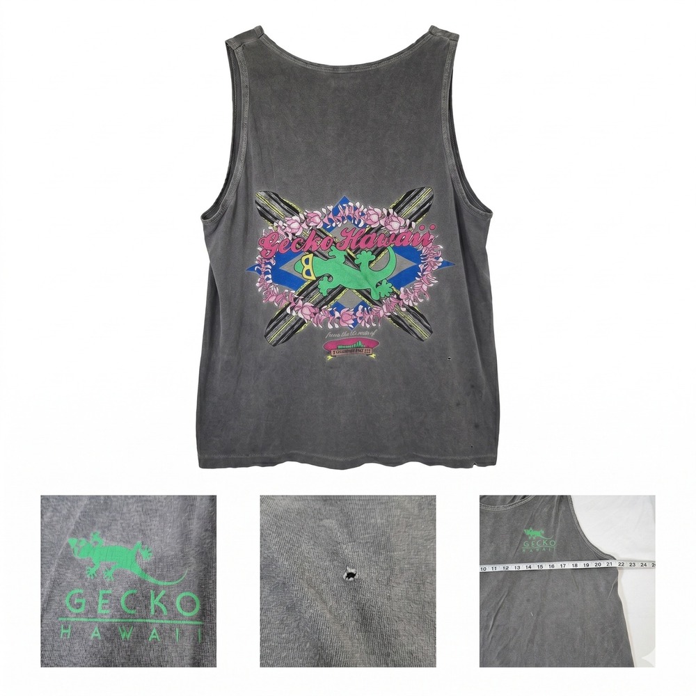 Vintage 90s Gecko Hawaii Tank Top Thrashed Sun Faded Surf Skate Single Stitch